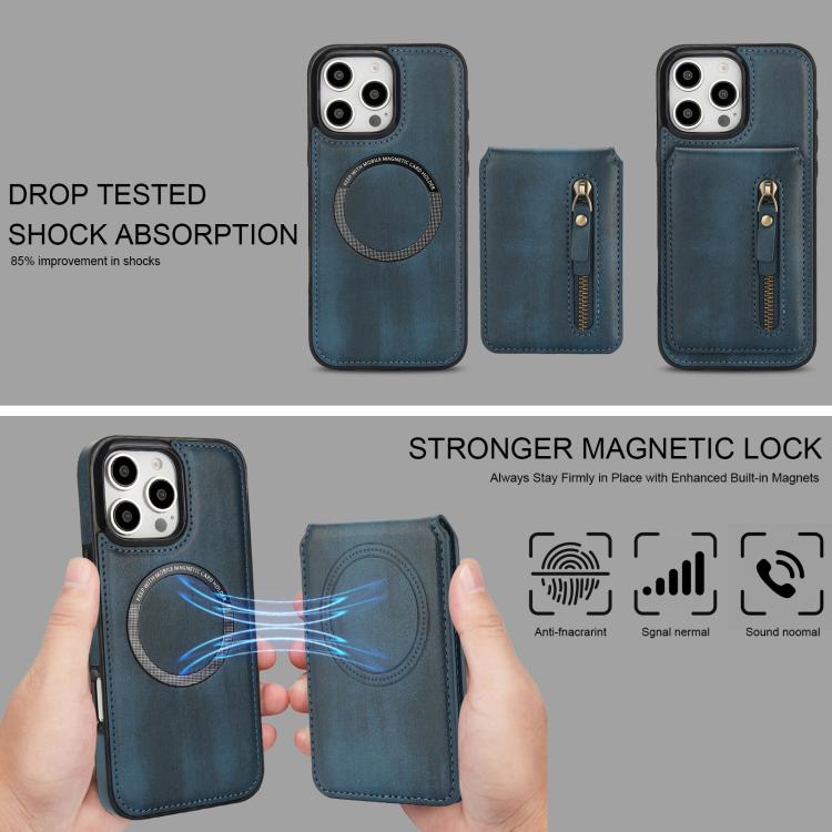 For iPhone 16 Pro Zipper Wallet Split MagSafe Leather Back Phone Case