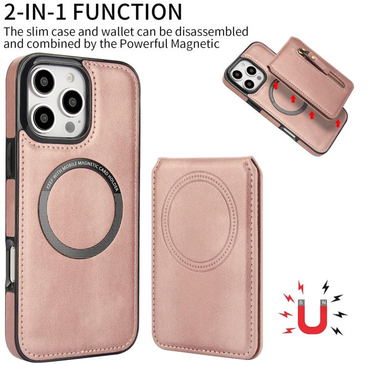 For iPhone 16 Pro Zipper Wallet Split MagSafe Leather Back Phone Case