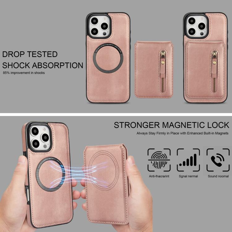 For iPhone 16 Pro Zipper Wallet Split MagSafe Leather Back Phone Case
