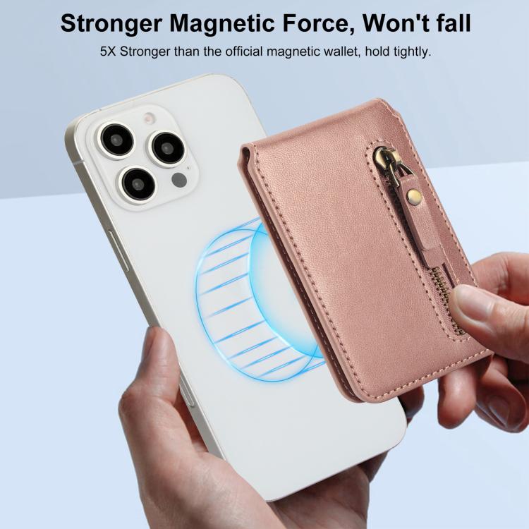For iPhone 16 Pro Zipper Wallet Split MagSafe Leather Back Phone Case