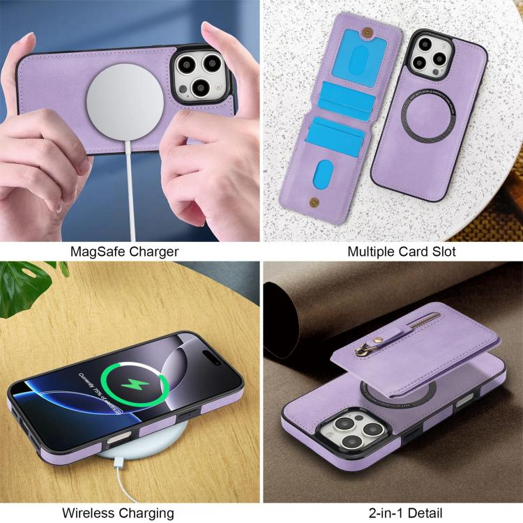 For iPhone 16 Pro Zipper Wallet Split MagSafe Leather Back Phone Case