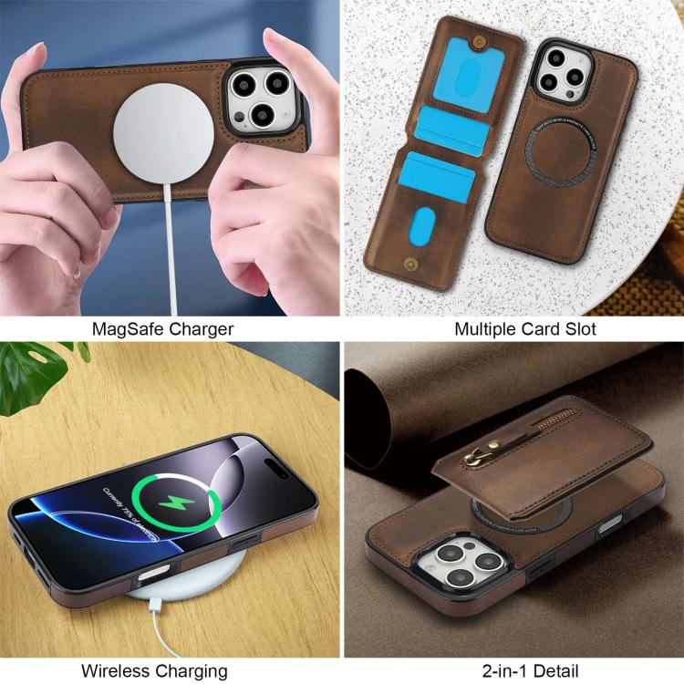 For iPhone 16 Pro Zipper Wallet Split MagSafe Leather Back Phone Case