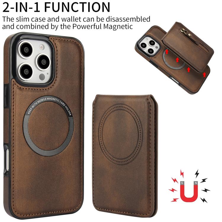 For iPhone 16 Pro Zipper Wallet Split MagSafe Leather Back Phone Case