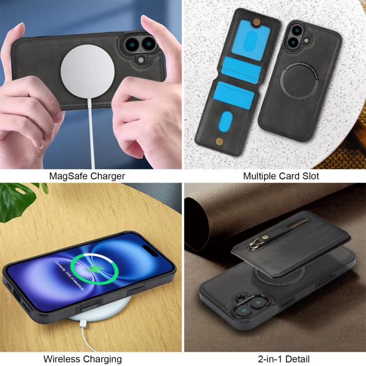 For iPhone 16 Plus Zipper Wallet Split MagSafe Leather Back Phone Case