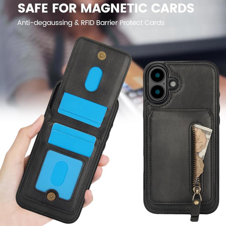 For iPhone 16 Plus Zipper Wallet Split MagSafe Leather Back Phone Case