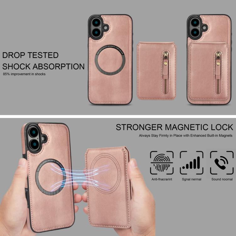 For iPhone 16 Plus Zipper Wallet Split MagSafe Leather Back Phone Case