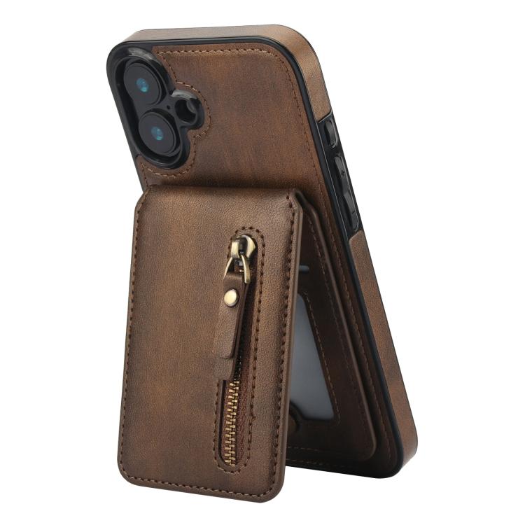 For iPhone 16 Plus Zipper Wallet Split MagSafe Leather Back Phone Case