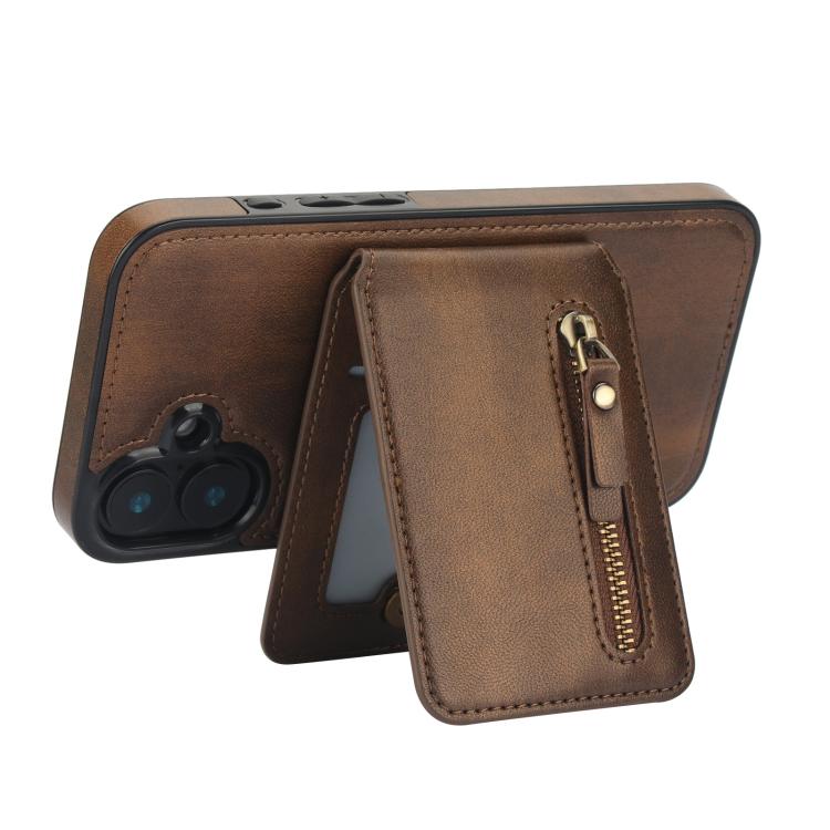 For iPhone 16 Plus Zipper Wallet Split MagSafe Leather Back Phone Case
