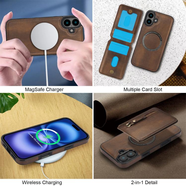 For iPhone 16 Plus Zipper Wallet Split MagSafe Leather Back Phone Case