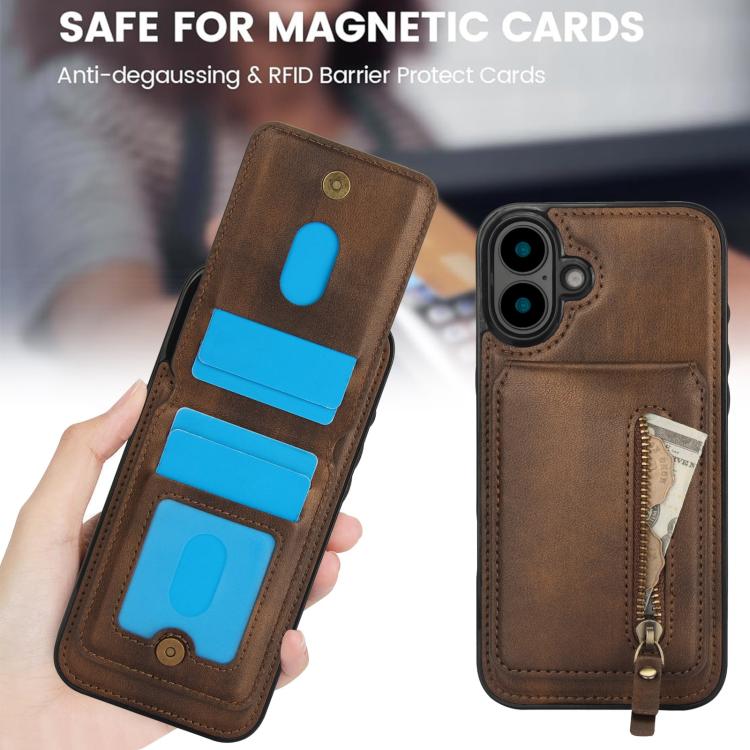For iPhone 16 Plus Zipper Wallet Split MagSafe Leather Back Phone Case