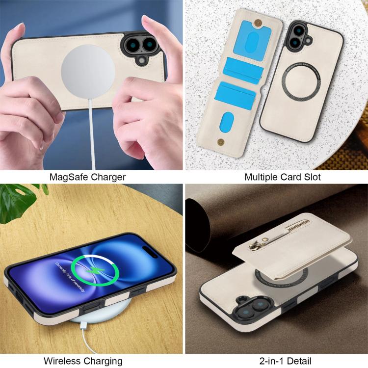 For iPhone 16 Zipper Wallet Split MagSafe Leather Back Phone Case