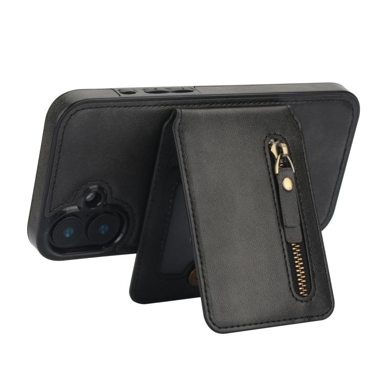 For iPhone 16 Zipper Wallet Split MagSafe Leather Back Phone Case