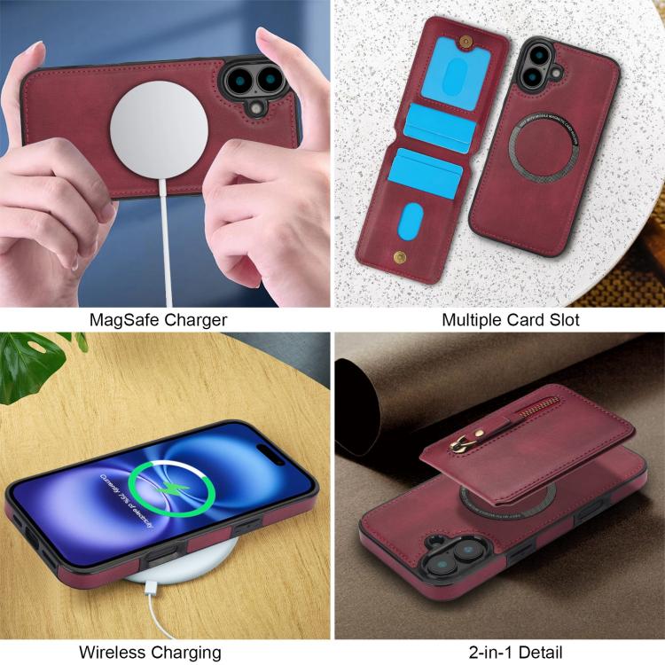 For iPhone 16 Zipper Wallet Split MagSafe Leather Back Phone Case