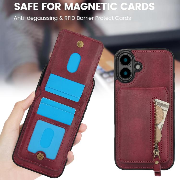 For iPhone 16 Zipper Wallet Split MagSafe Leather Back Phone Case