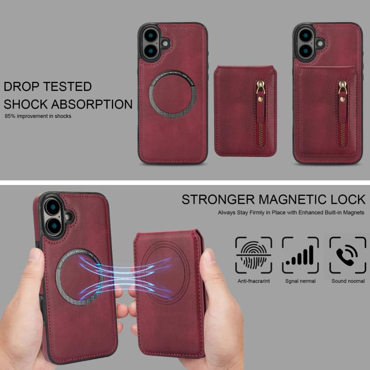 For iPhone 16 Zipper Wallet Split MagSafe Leather Back Phone Case