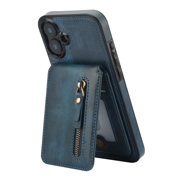 For iPhone 16 Zipper Wallet Split MagSafe Leather Back Phone Case