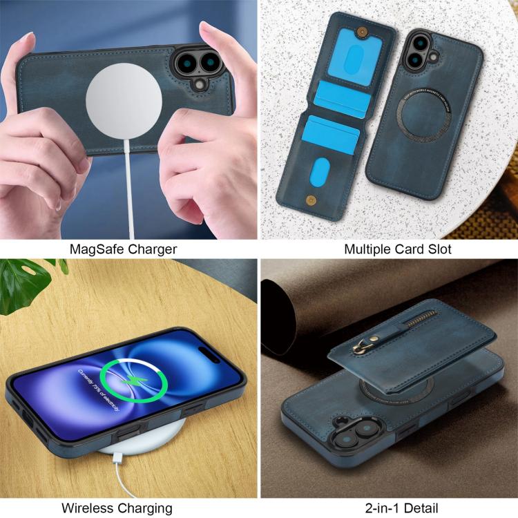 For iPhone 16 Zipper Wallet Split MagSafe Leather Back Phone Case