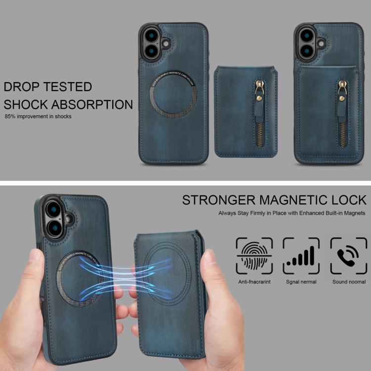 For iPhone 16 Zipper Wallet Split MagSafe Leather Back Phone Case