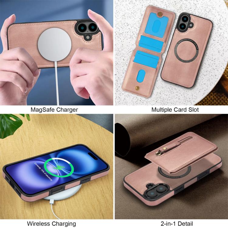 For iPhone 16 Zipper Wallet Split MagSafe Leather Back Phone Case