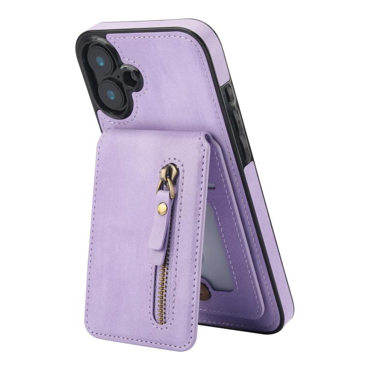 For iPhone 16 Zipper Wallet Split MagSafe Leather Back Phone Case