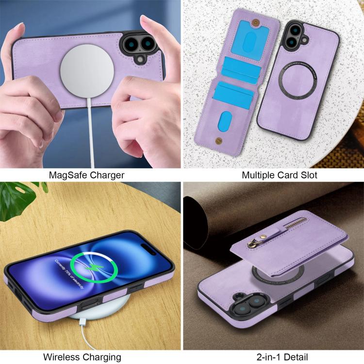 For iPhone 16 Zipper Wallet Split MagSafe Leather Back Phone Case