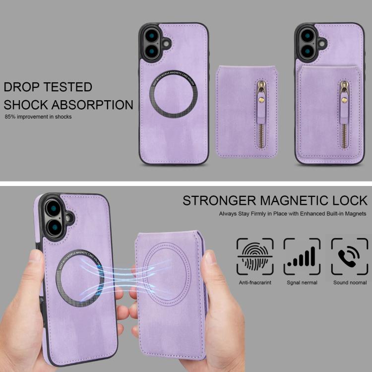 For iPhone 16 Zipper Wallet Split MagSafe Leather Back Phone Case