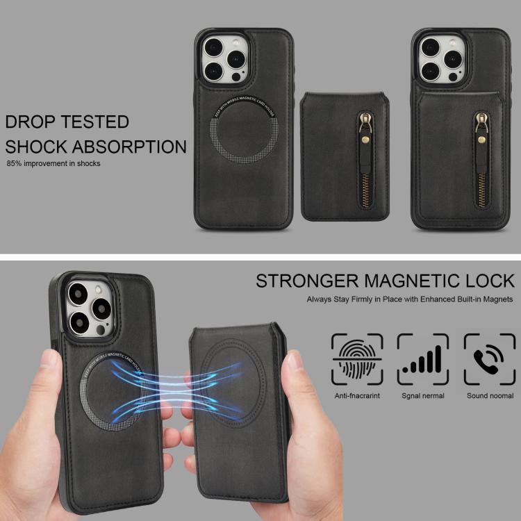 For iPhone 15 Pro Max Zipper Wallet Split MagSafe Leather Back Phone Case