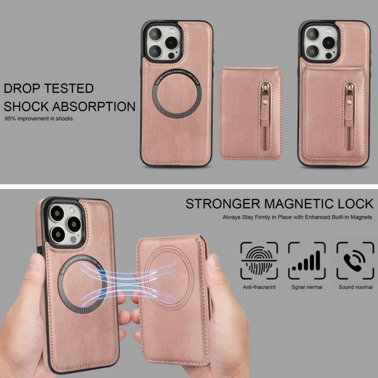 For iPhone 15 Pro Max Zipper Wallet Split MagSafe Leather Back Phone Case