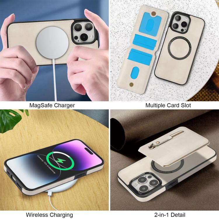 For iPhone 15 Pro Zipper Wallet Split MagSafe Leather Back Phone Case