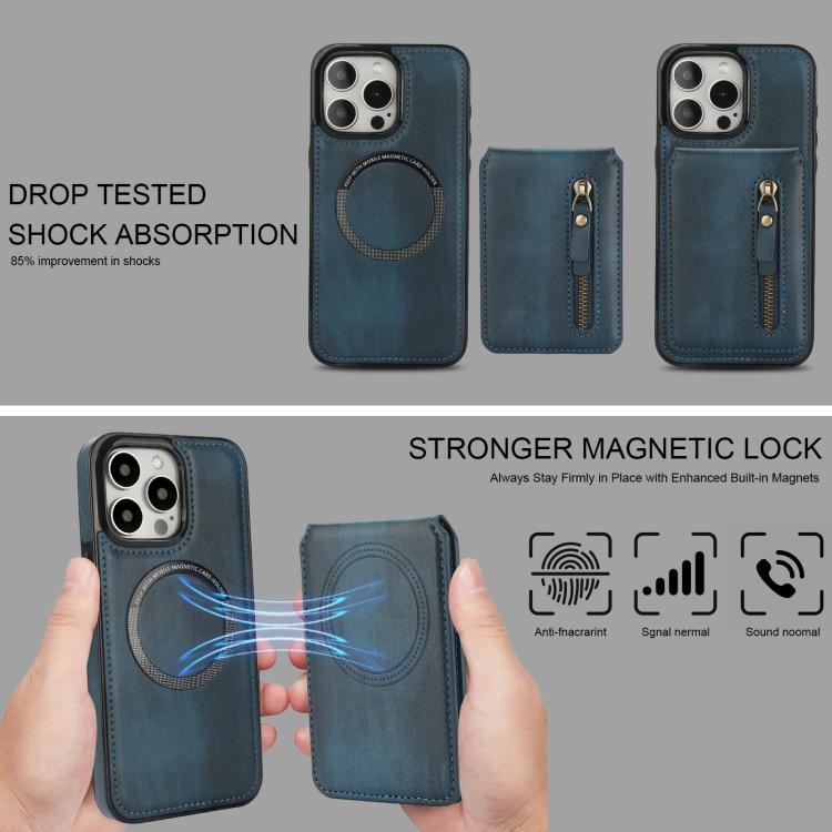 For iPhone 15 Pro Zipper Wallet Split MagSafe Leather Back Phone Case