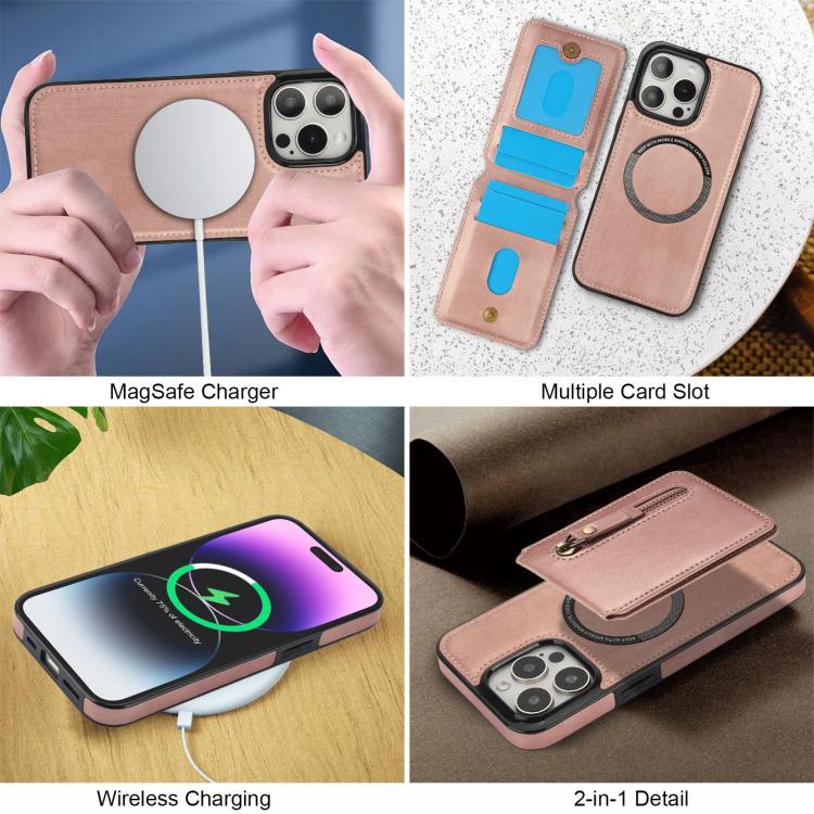 For iPhone 15 Pro Zipper Wallet Split MagSafe Leather Back Phone Case