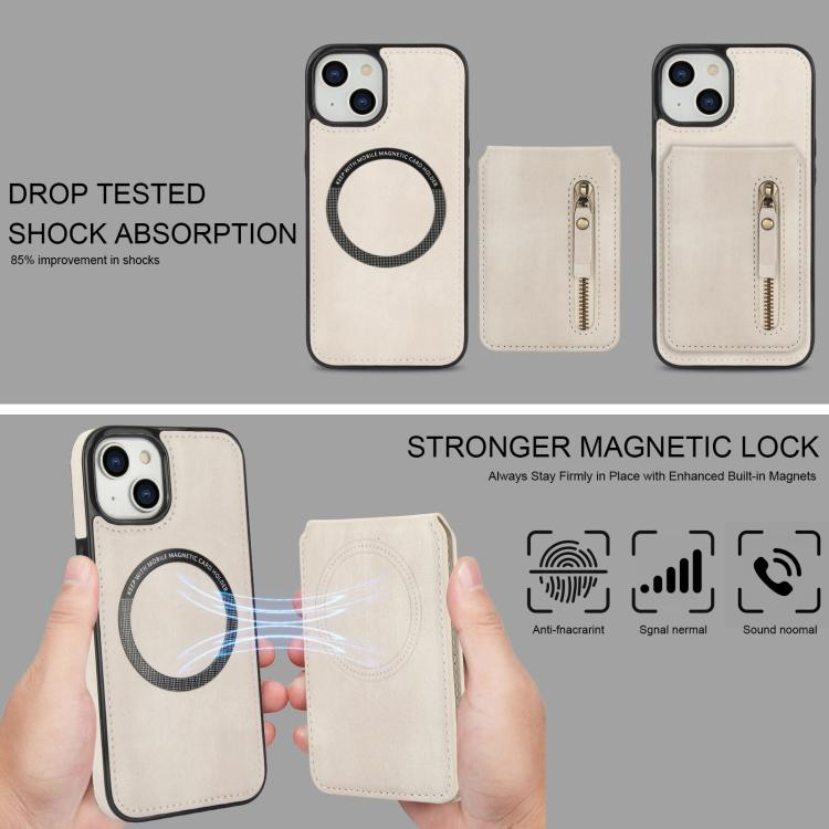 For iPhone 15 Zipper Wallet Split MagSafe Leather Back Phone Case