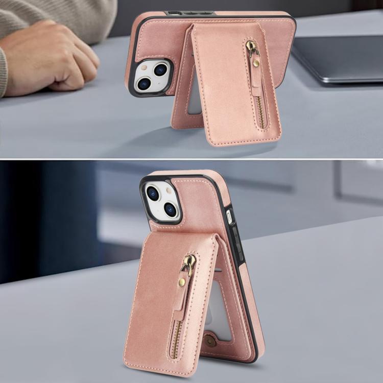 For iPhone 15 Zipper Wallet Split MagSafe Leather Back Phone Case