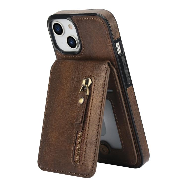 For iPhone 15 Zipper Wallet Split MagSafe Leather Back Phone Case