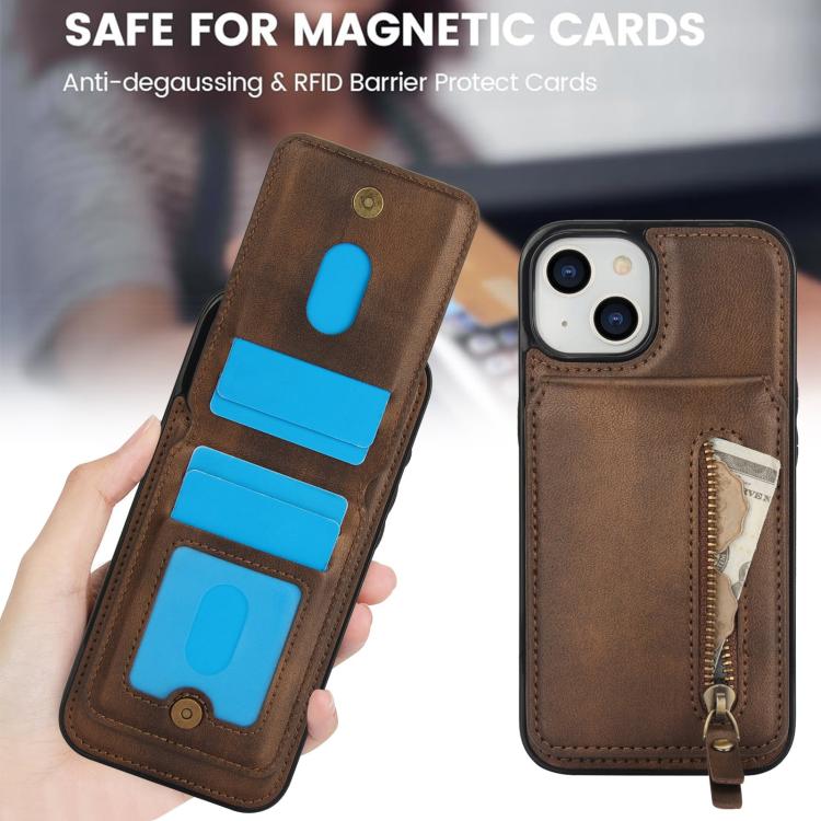 For iPhone 15 Zipper Wallet Split MagSafe Leather Back Phone Case