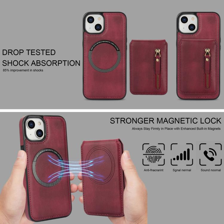 For iPhone 14 Plus Zipper Wallet Split MagSafe Leather Back Phone Case
