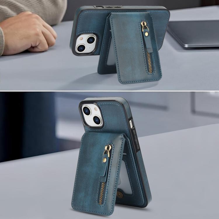 For iPhone 14 Plus Zipper Wallet Split MagSafe Leather Back Phone Case