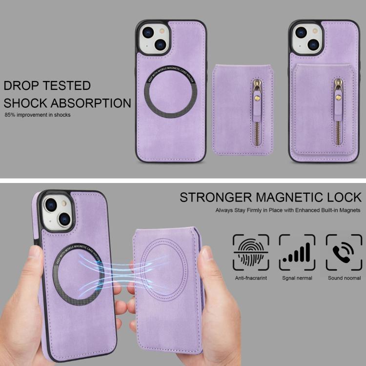 For iPhone 14 Zipper Wallet Split MagSafe Leather Back Phone Case