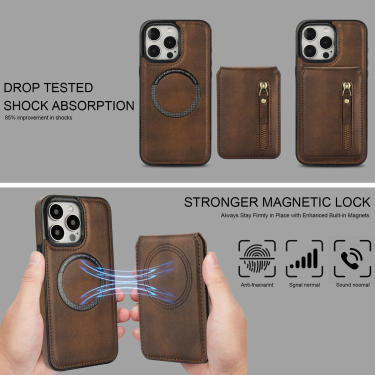 For iPhone 14 Pro Zipper Wallet Split MagSafe Leather Back Phone Case