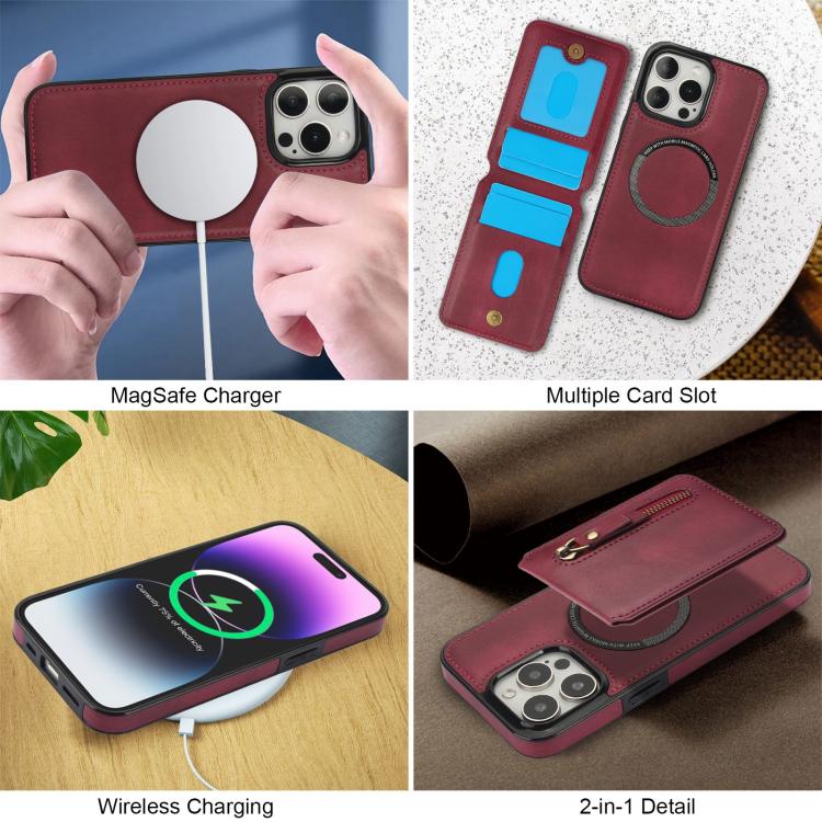 For iPhone 14 Pro Max Zipper Wallet Split MagSafe Leather Back Phone Case
