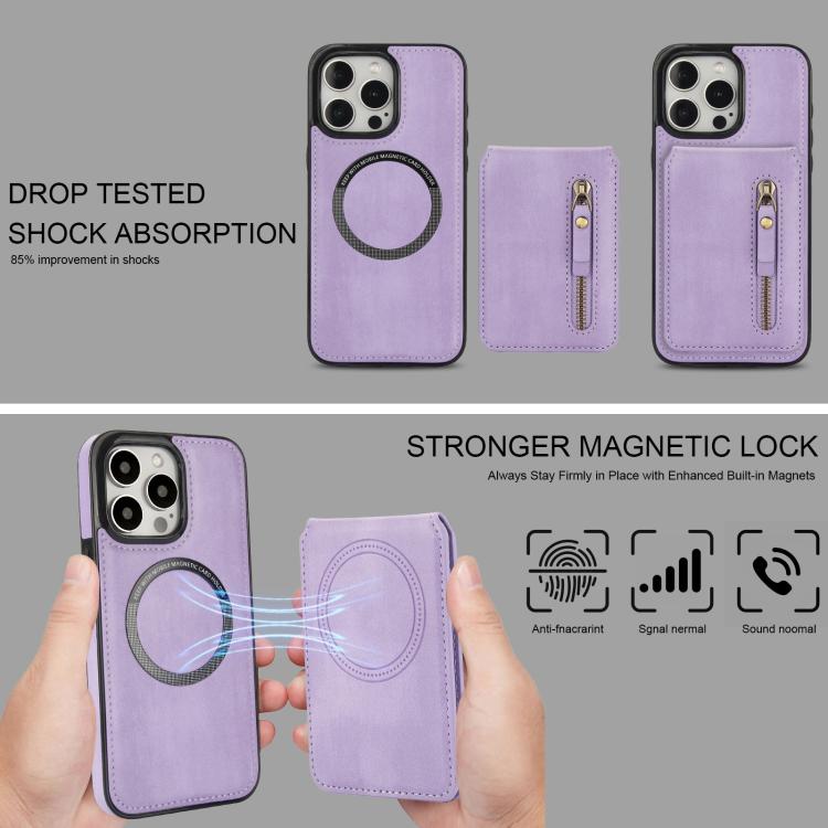 For iPhone 14 Pro Max Zipper Wallet Split MagSafe Leather Back Phone Case