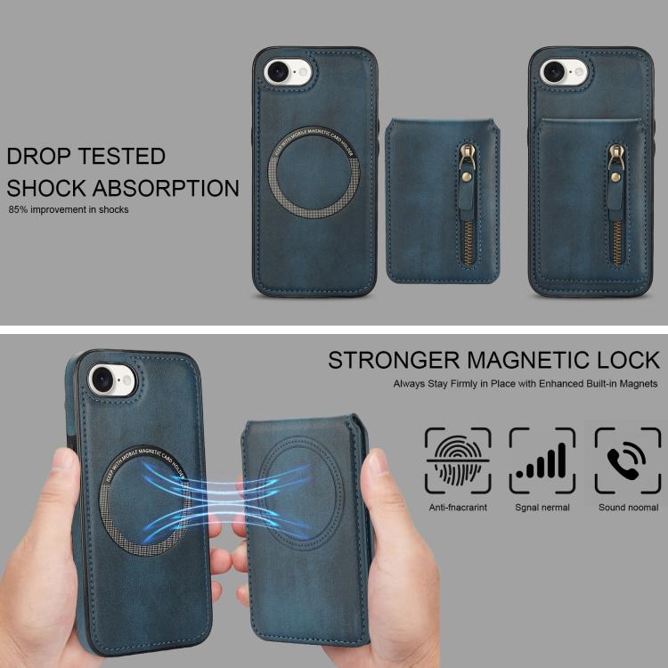 For iPhone 7 / 8 / SE 2022 Zipper Wallet Split MagSafe Leather Back Phone Case