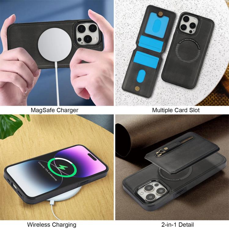 For iPhone 13 Pro Max Zipper Wallet Split MagSafe Leather Back Phone Case