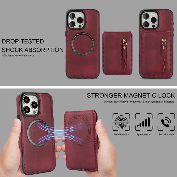 For iPhone 13 Pro Zipper Wallet Split MagSafe Leather Back Phone Case