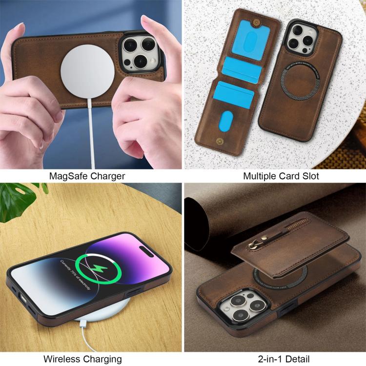 For iPhone 13 Pro Zipper Wallet Split MagSafe Leather Back Phone Case