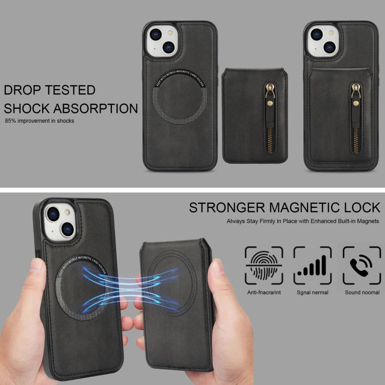 For iPhone 13 Zipper Wallet Split MagSafe Leather Back Phone Case