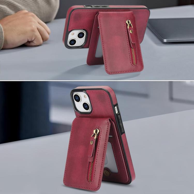 For iPhone 13 mini Zipper Wallet Split MagSafe Leather Back Phone Case
