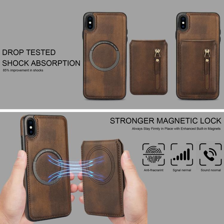 For iPhone XS Max Zipper Wallet Split MagSafe Leather Back Phone Case