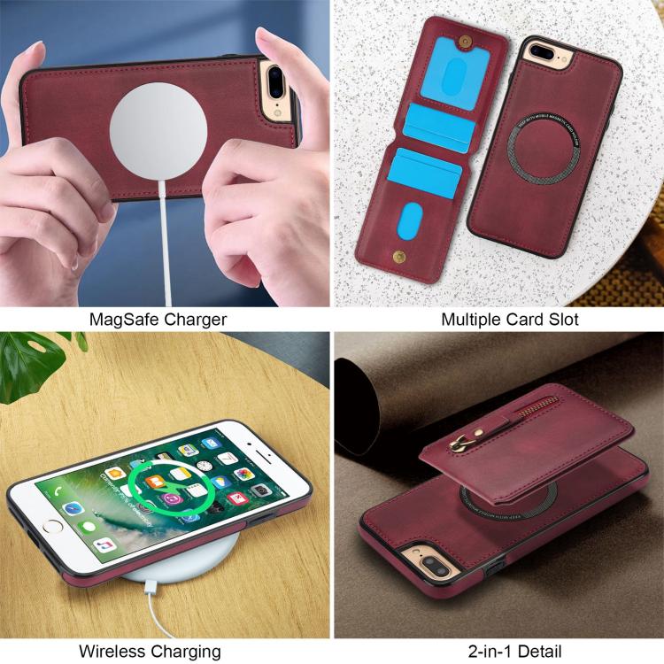 For iPhone 7 Plus / 8 Plus Zipper Wallet Split MagSafe Leather Back Phone Case