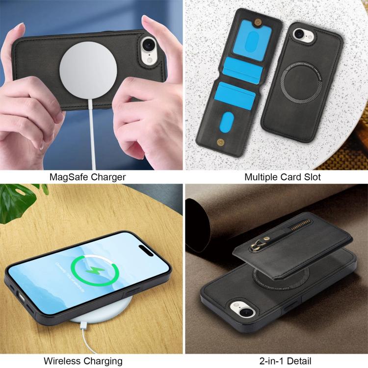 For iPhone 17e / 16e Zipper Wallet Split MagSafe Leather Back Phone Case